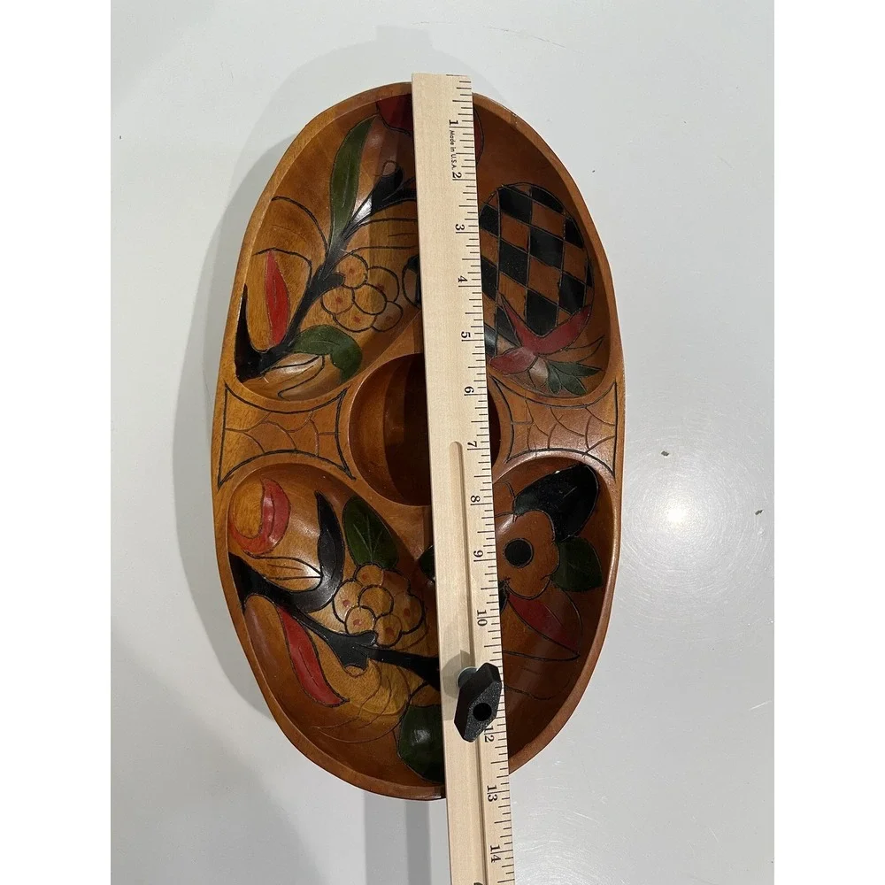 Vintage Wooden Hand‎ Painted Carved Bowl Serve Nuts Cheese Floral 2 Sided Design